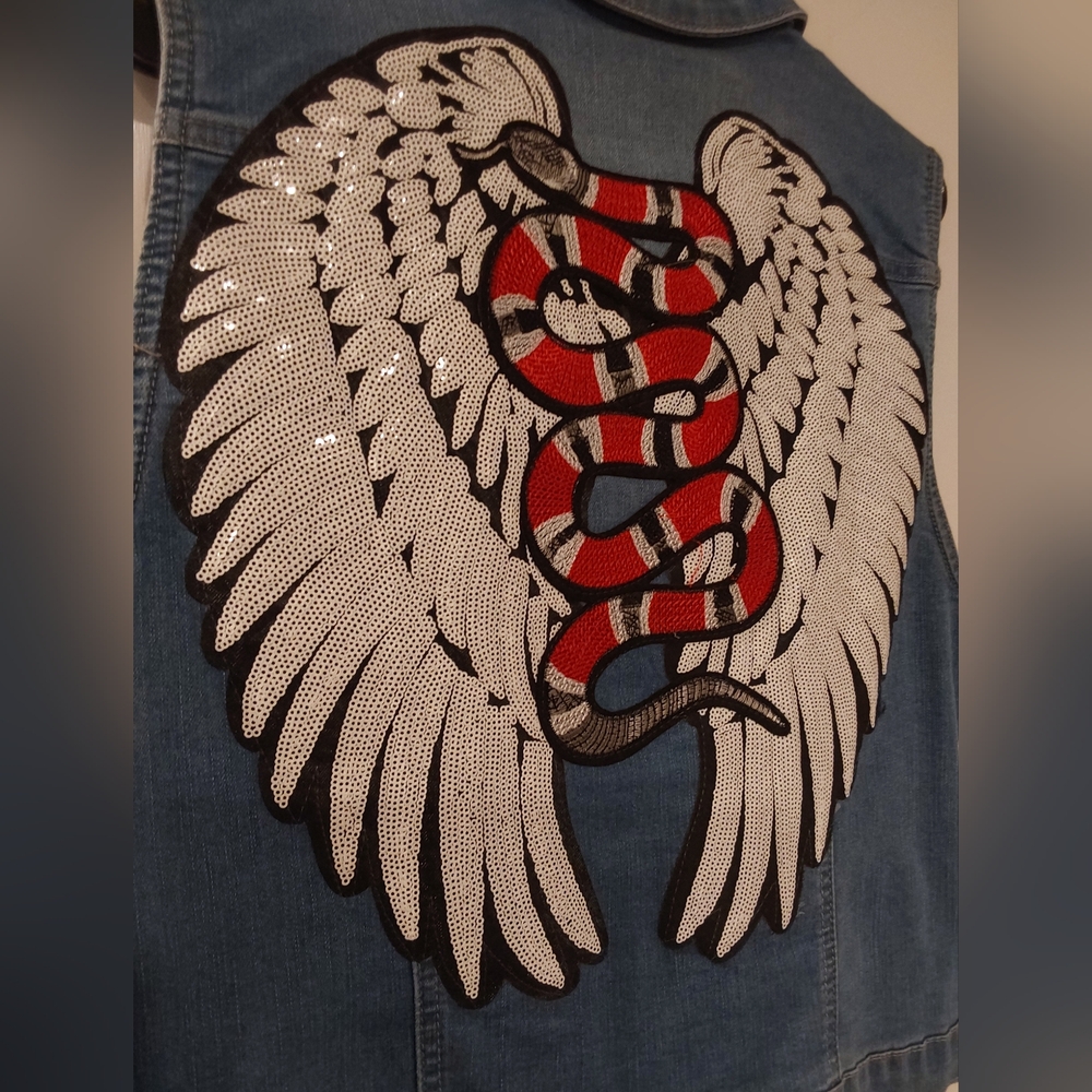 Embroidered Denim Vest with Snake and Wings Design - Picture 4 of 10
